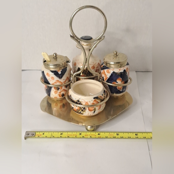 Vintage 1940's English Hand Painted Imari Style Condiment Set  EPNS Silver Plate - Picture 2 of 13